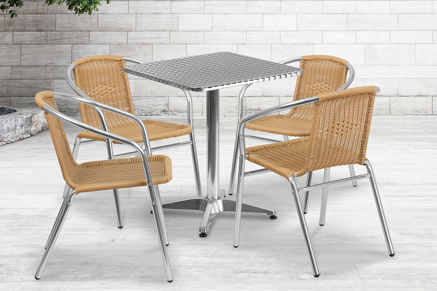 BLNK Lila Square Aluminum Indoor-Outdoor Table Set with 4 Rattan Chairs