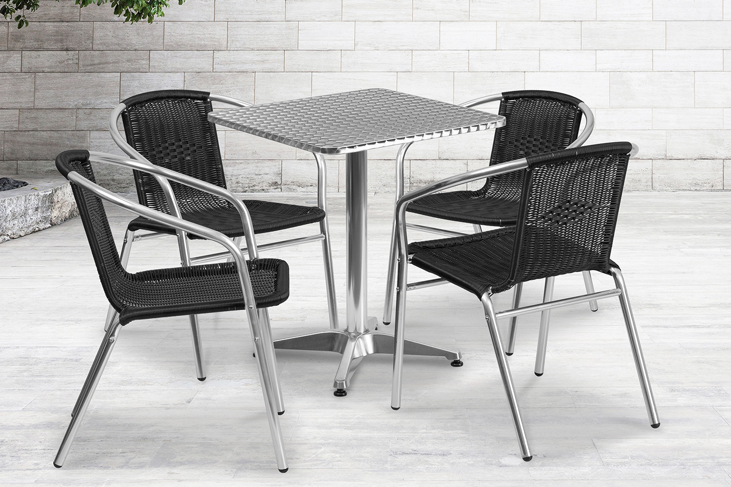 BLNK Lila Square Aluminum Indoor-Outdoor Table Set with 4 Rattan Chairs