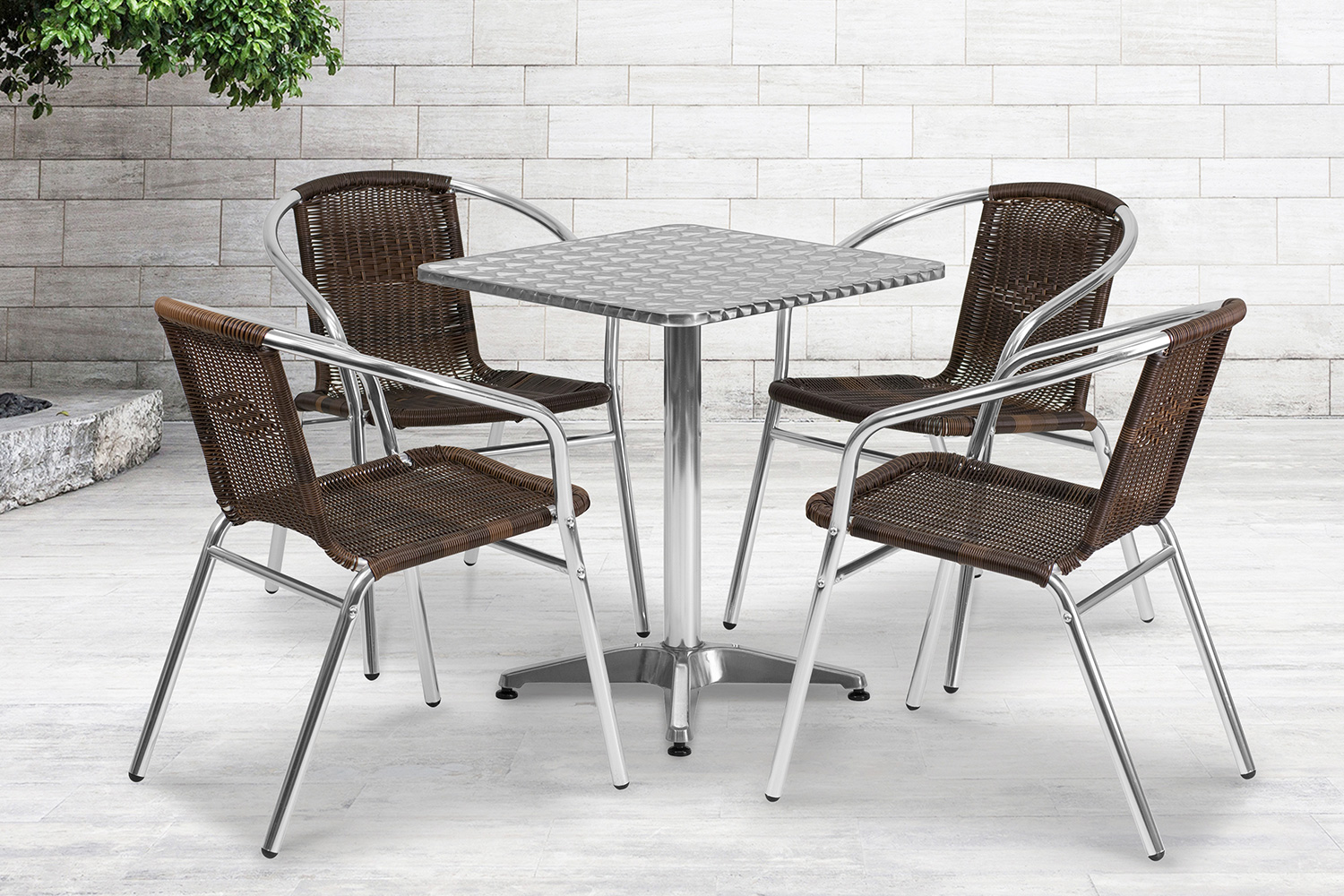 BLNK Lila Square Aluminum Indoor-Outdoor Table Set with 4 Rattan Chairs