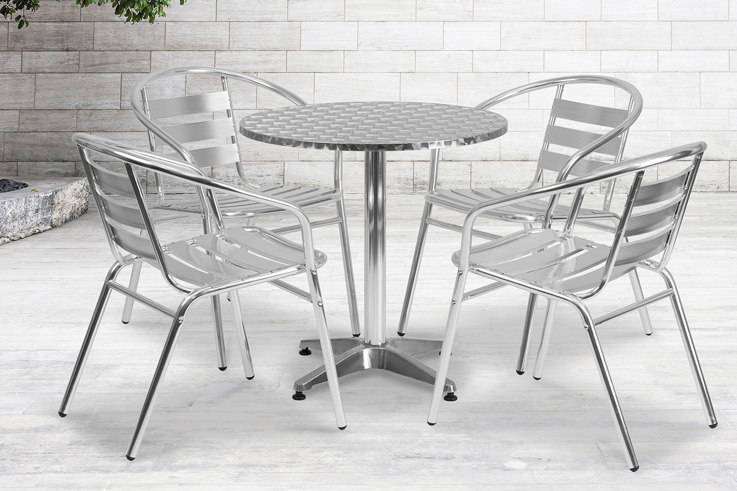 BLNK Lila Round Aluminum Indoor-Outdoor Table Set with 4 Slat Back Chairs