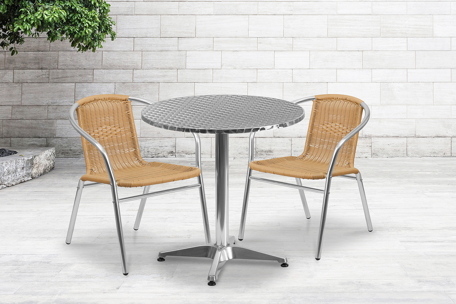 BLNK Lila Round Aluminum Indoor-Outdoor Table Set with 2 Rattan Chairs