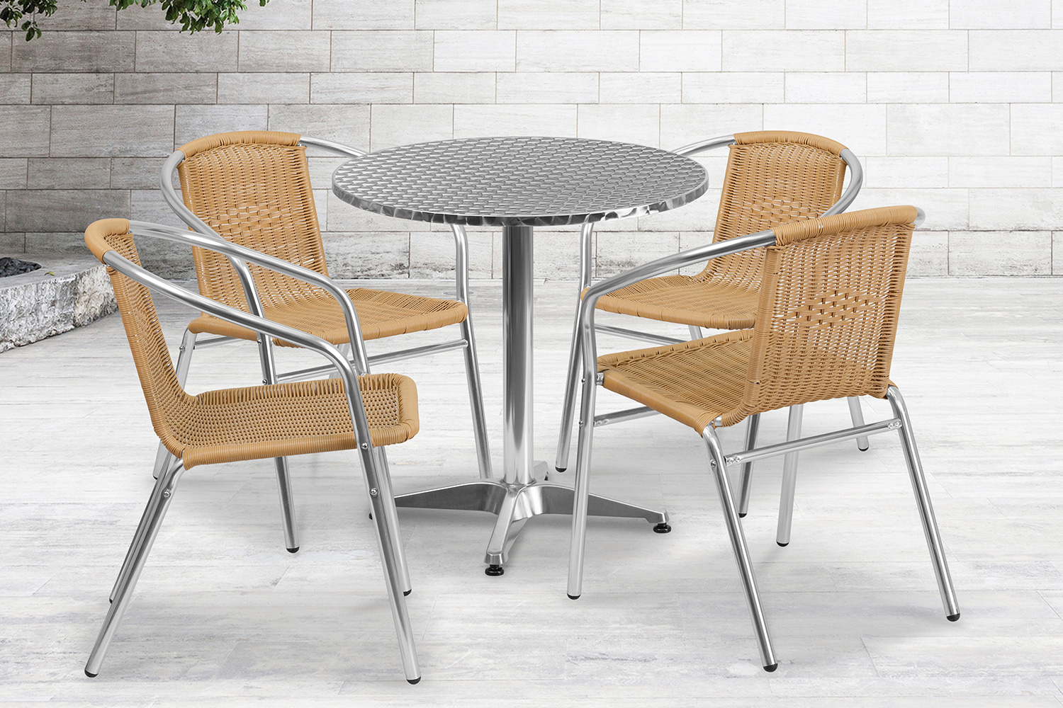 BLNK Lila Round Aluminum Indoor-Outdoor Table Set with 4 Rattan Chairs