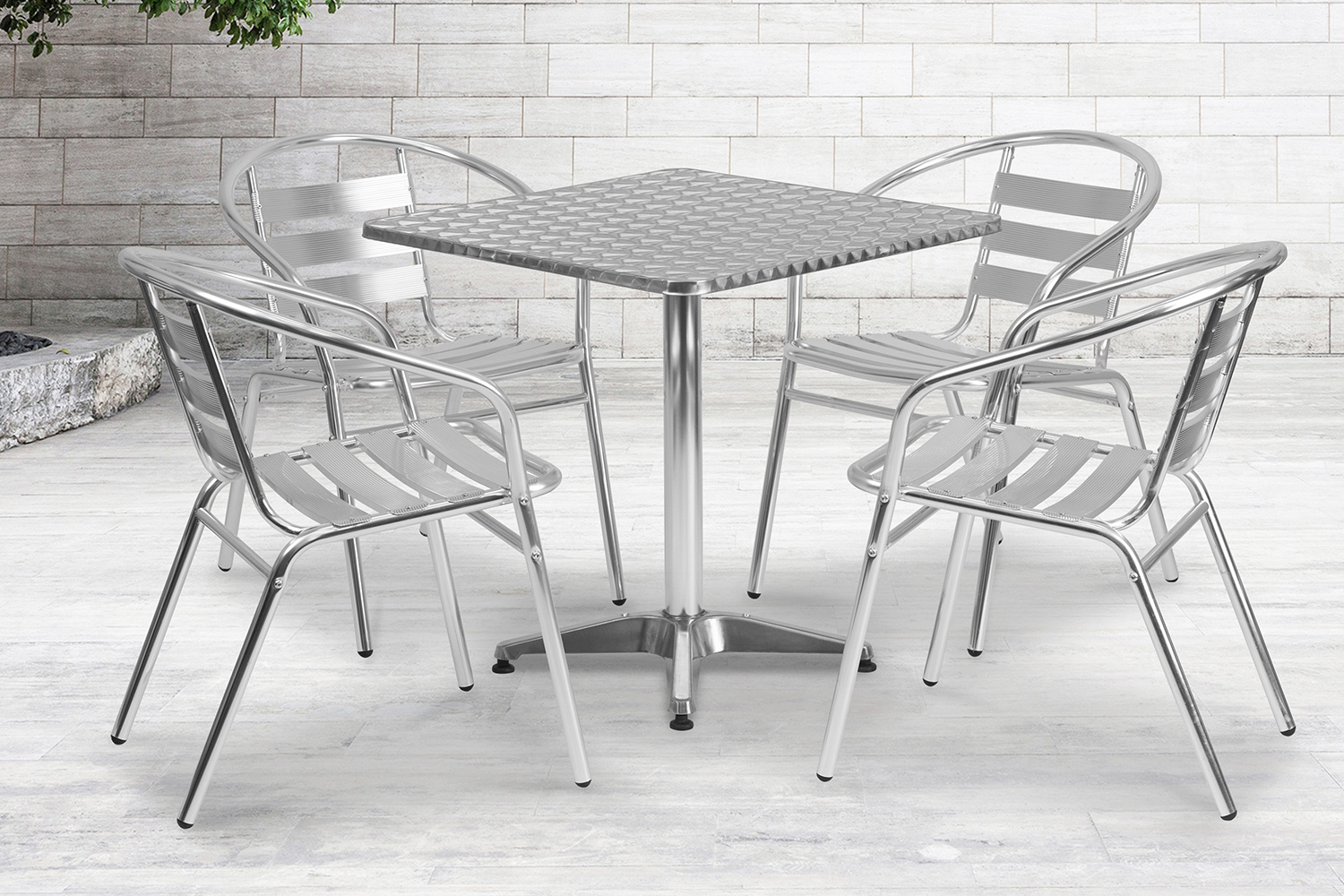 BLNK Lila Square Aluminum Indoor-Outdoor Table Set with 4 Slat Back Chairs