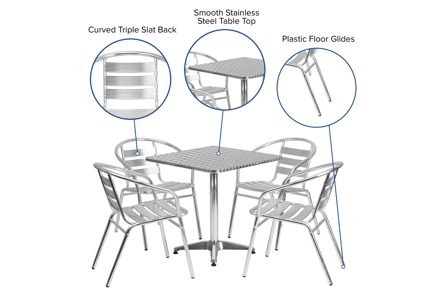 BLNK Lila Square Aluminum Indoor-Outdoor Table Set with 4 Slat Back Chairs - 27.5"W