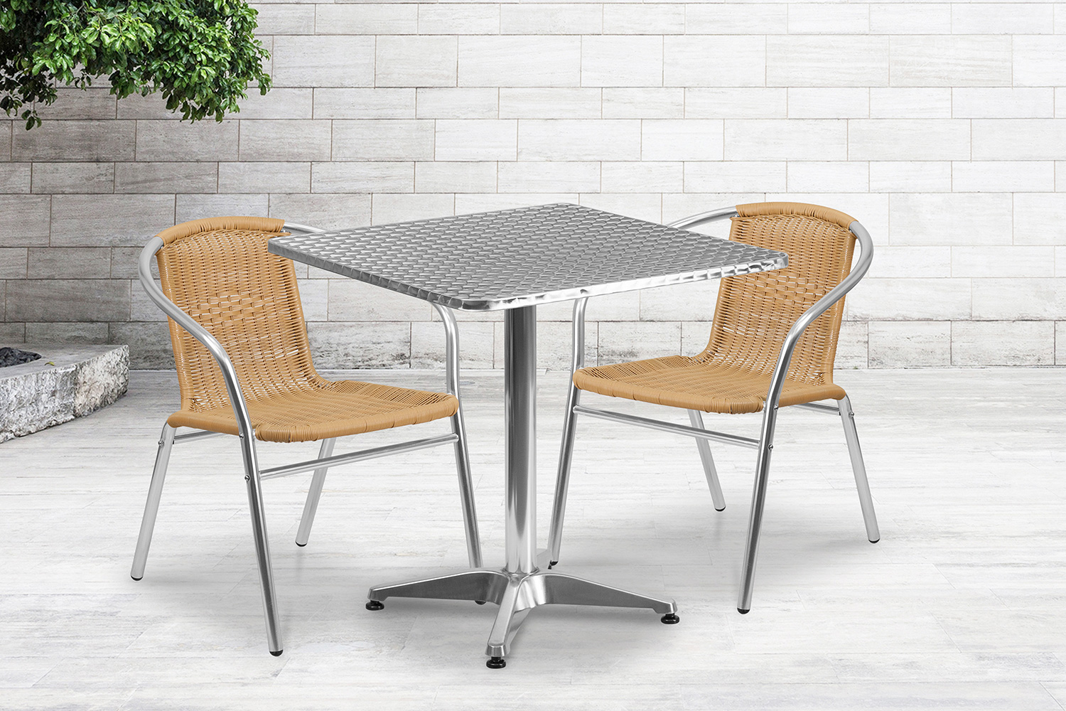 BLNK Lila Square Aluminum Indoor-Outdoor Table Set with 2 Rattan Chairs