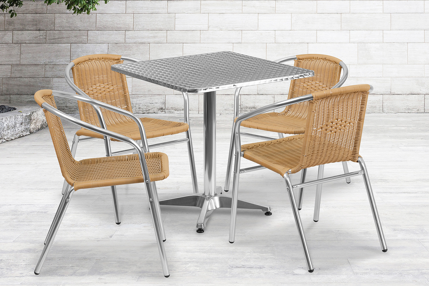 BLNK Lila Square Aluminum Indoor-Outdoor Table Set with 4 Rattan Chairs