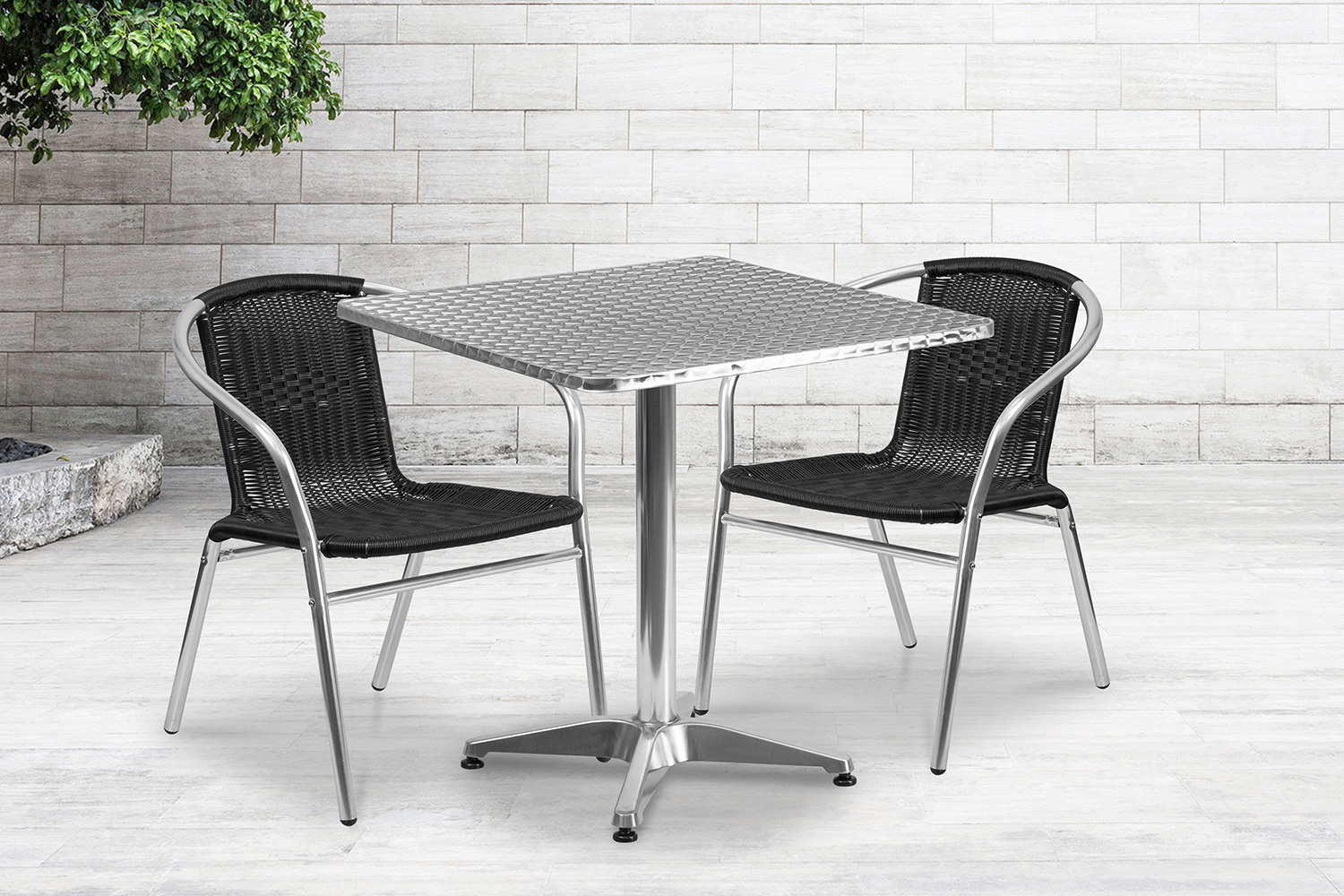 BLNK Lila Square Aluminum Indoor-Outdoor Table Set with 2 Rattan Chairs