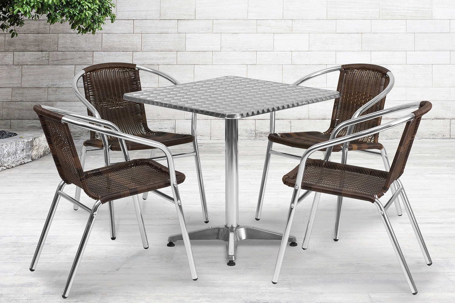 BLNK Lila Square Aluminum Indoor-Outdoor Table Set with 4 Rattan Chairs