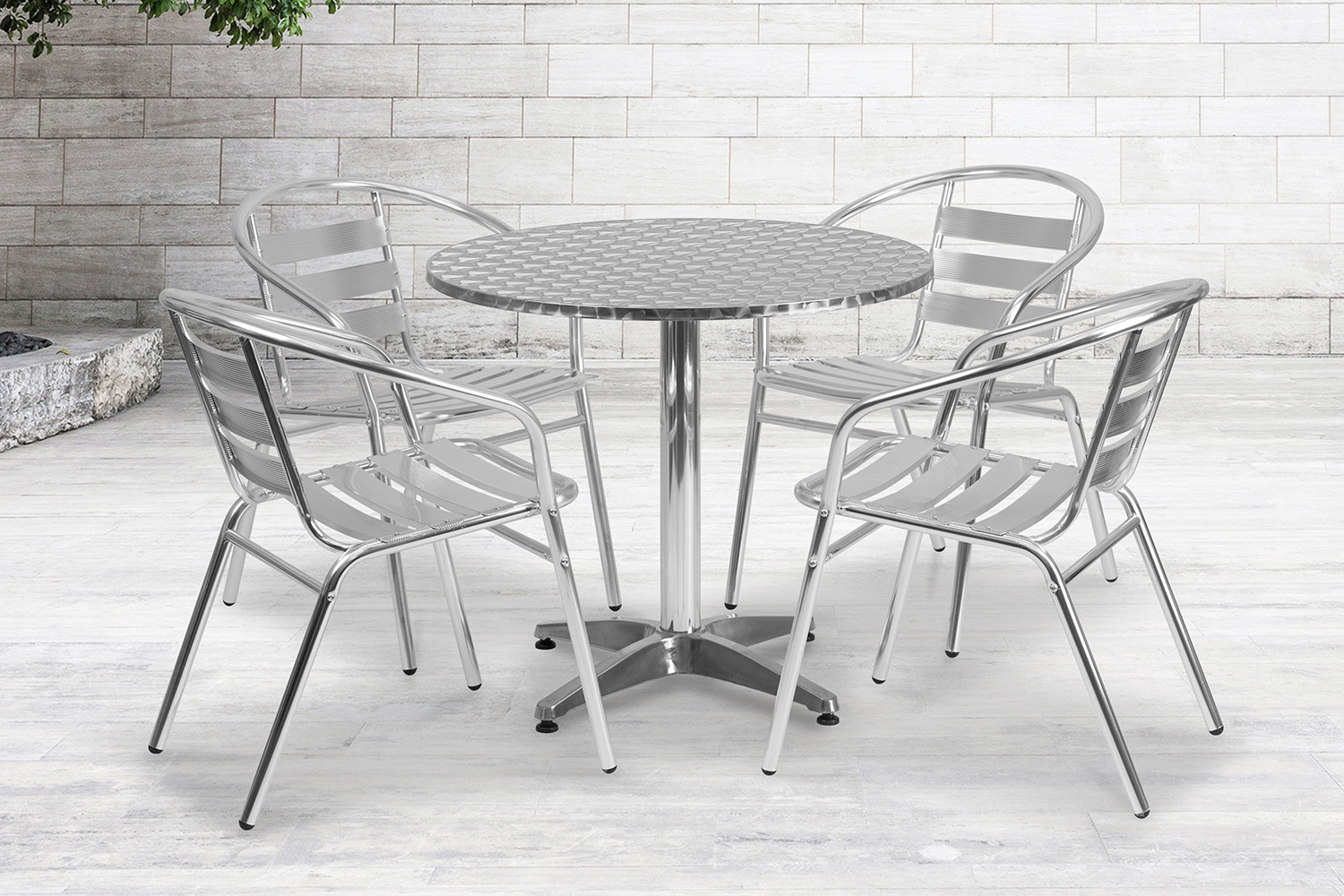 BLNK Lila Round Aluminum Indoor-Outdoor Table Set with 4 Slat Back Chairs