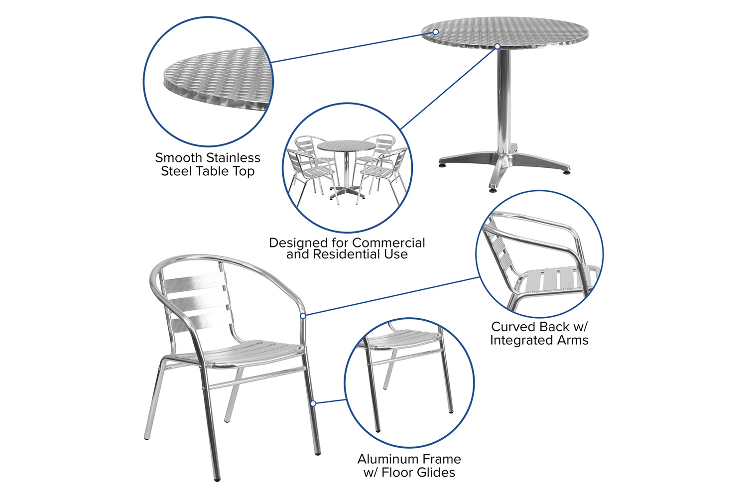 BLNK Lila Round Aluminum Indoor-Outdoor Table Set with 4 Slat Back Chairs - 31.5"D