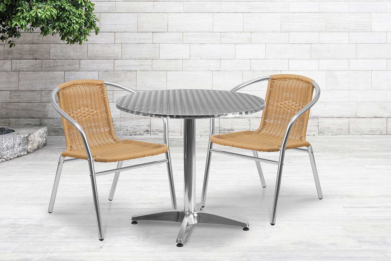 BLNK Lila Round Aluminum Indoor-Outdoor Table Set with 2 Rattan Chairs