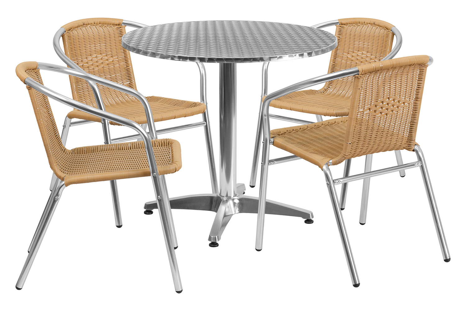 BLNK Lila Round Aluminum Indoor-Outdoor Table Set with 4 Rattan Chairs