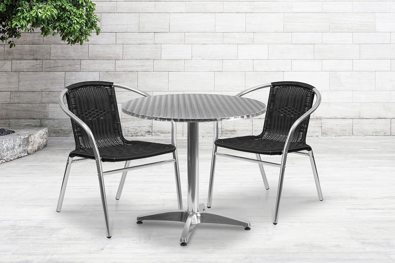 BLNK Lila Round Aluminum Indoor-Outdoor Table Set with 2 Rattan Chairs