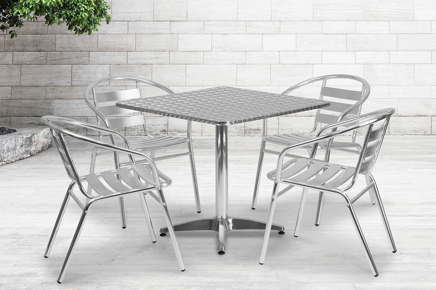 BLNK Lila Square Aluminum Indoor-Outdoor Table Set with 4 Slat Back Chairs