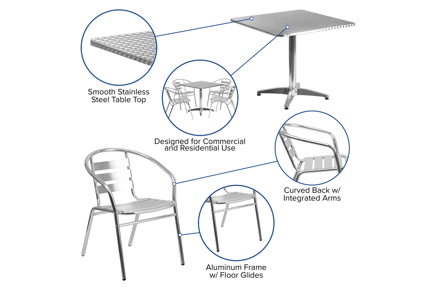 BLNK Lila Square Aluminum Indoor-Outdoor Table Set with 4 Slat Back Chairs - 31.5"W