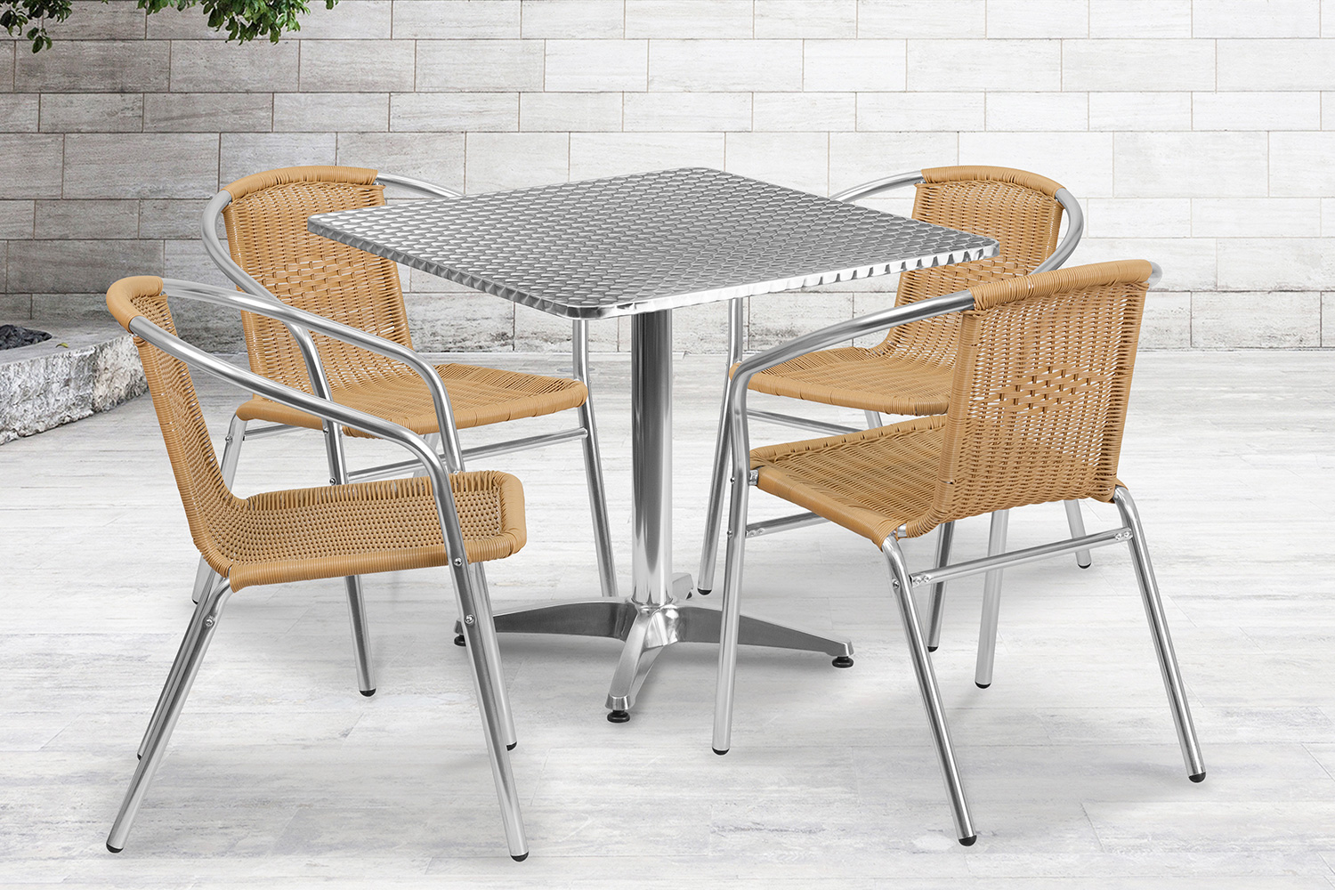 BLNK Lila Square Aluminum Indoor-Outdoor Table Set with 4 Rattan Chairs