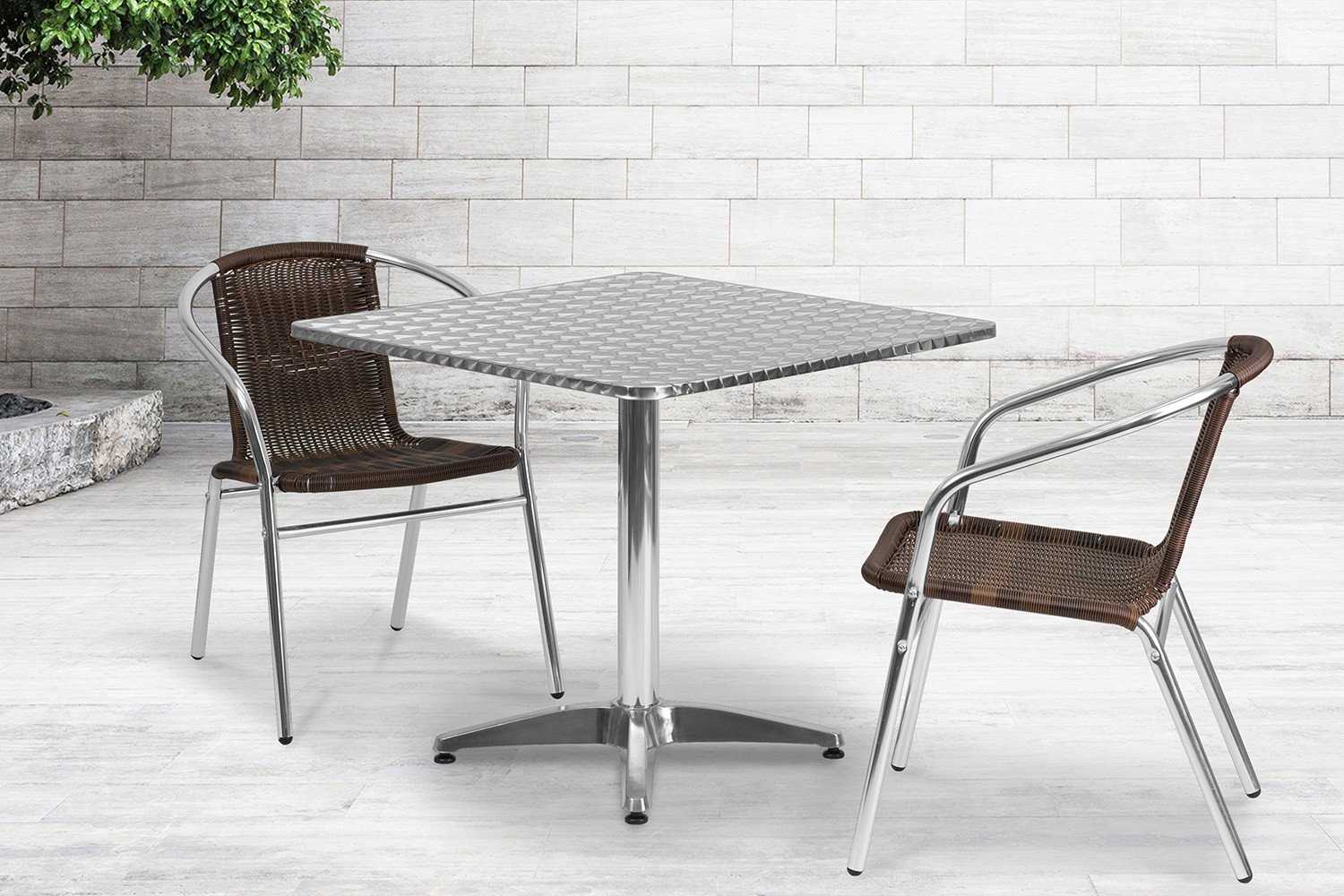 BLNK Lila Square Aluminum Indoor-Outdoor Table Set with 2 Rattan Chairs