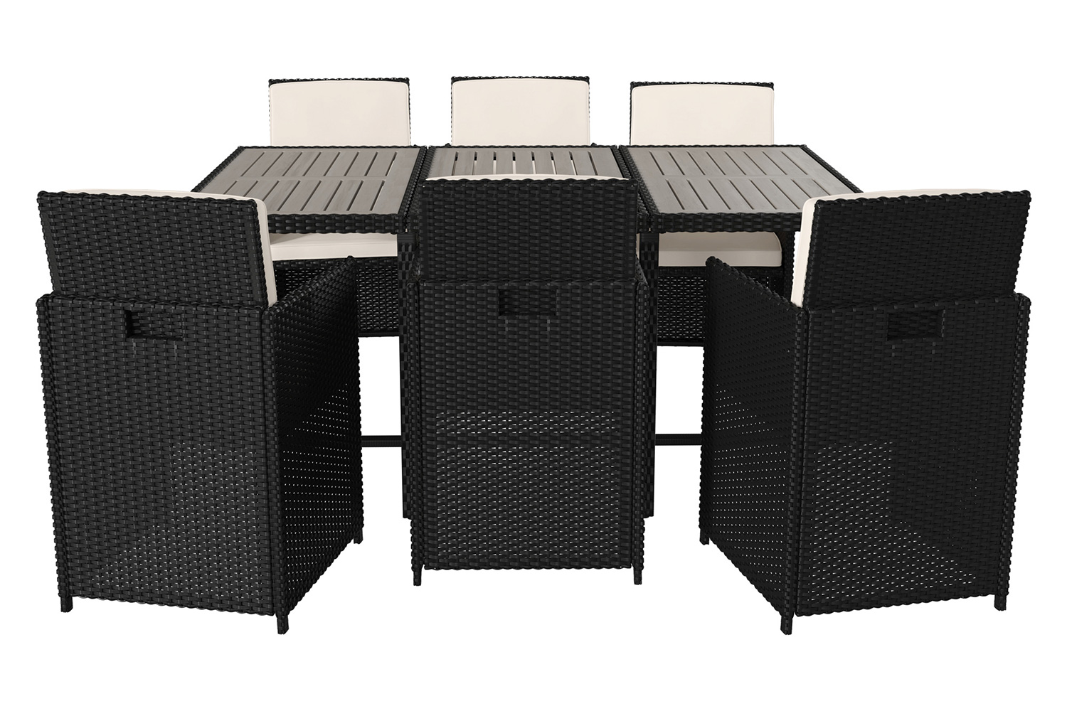 BLNK Peregrine Outdoor Patio Dining Set with Space Saving Black Wicker Modular Chairs-Cream Cushions and Acacia Wood Table Top 7 Piece - Gray