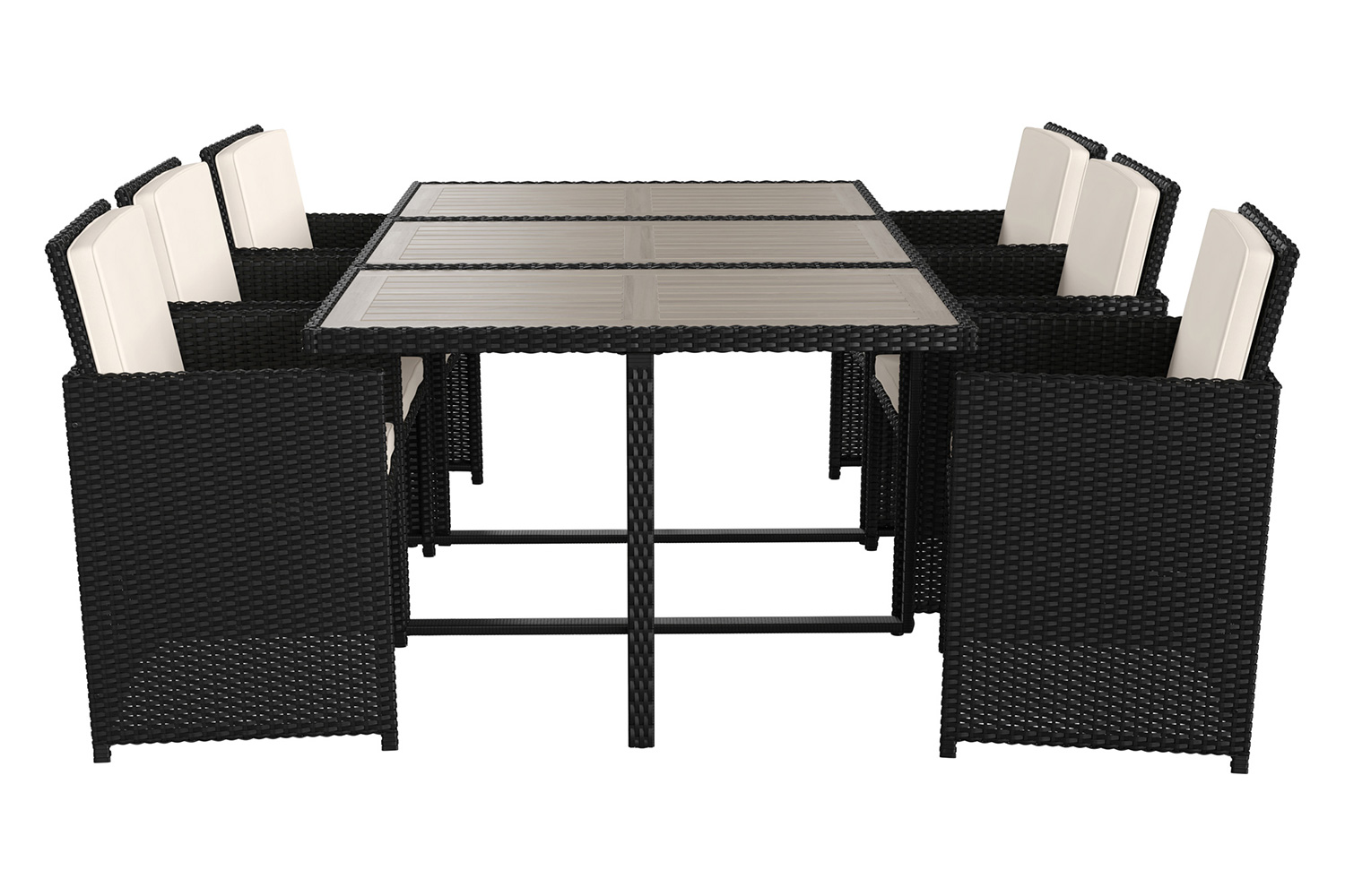 BLNK Peregrine Outdoor Patio Dining Set with Space Saving Black Wicker Modular Chairs-Cream Cushions and Acacia Wood Table Top 7 Piece - Gray