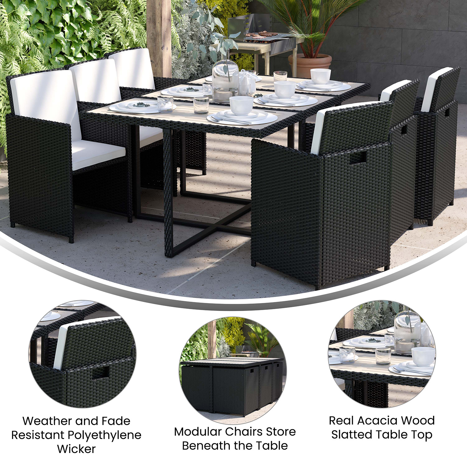 BLNK Peregrine Outdoor Patio Dining Set with Space Saving Black Wicker Modular Chairs-Cream Cushions and Acacia Wood Table Top 7 Piece - Gray