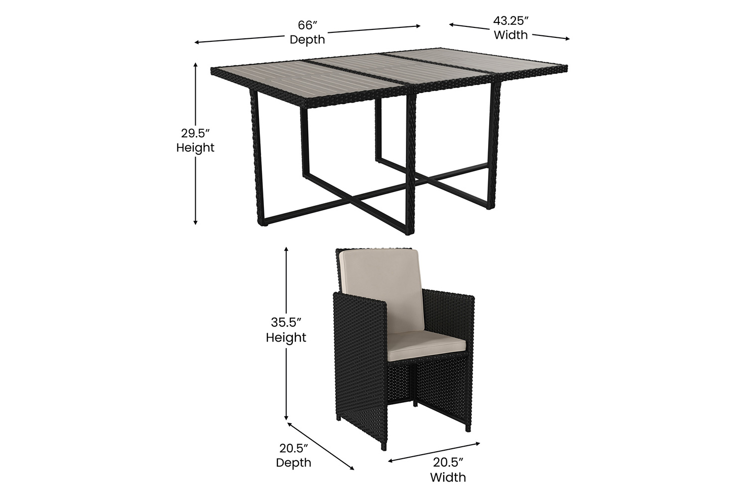 BLNK Peregrine Outdoor Patio Dining Set with Space Saving Black Wicker Modular Chairs-Cream Cushions and Acacia Wood Table Top 7 Piece - Gray