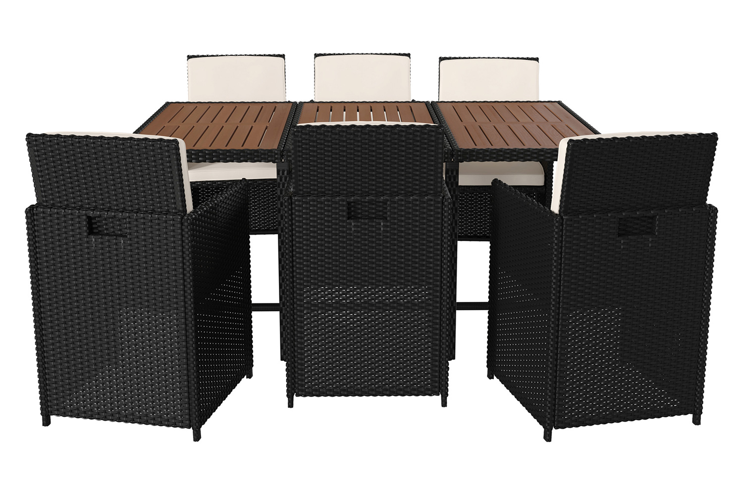 BLNK Peregrine Outdoor Patio Dining Set with Space Saving Black Wicker Modular Chairs-Cream Cushions and Acacia Wood Table Top 7 Piece - Natural