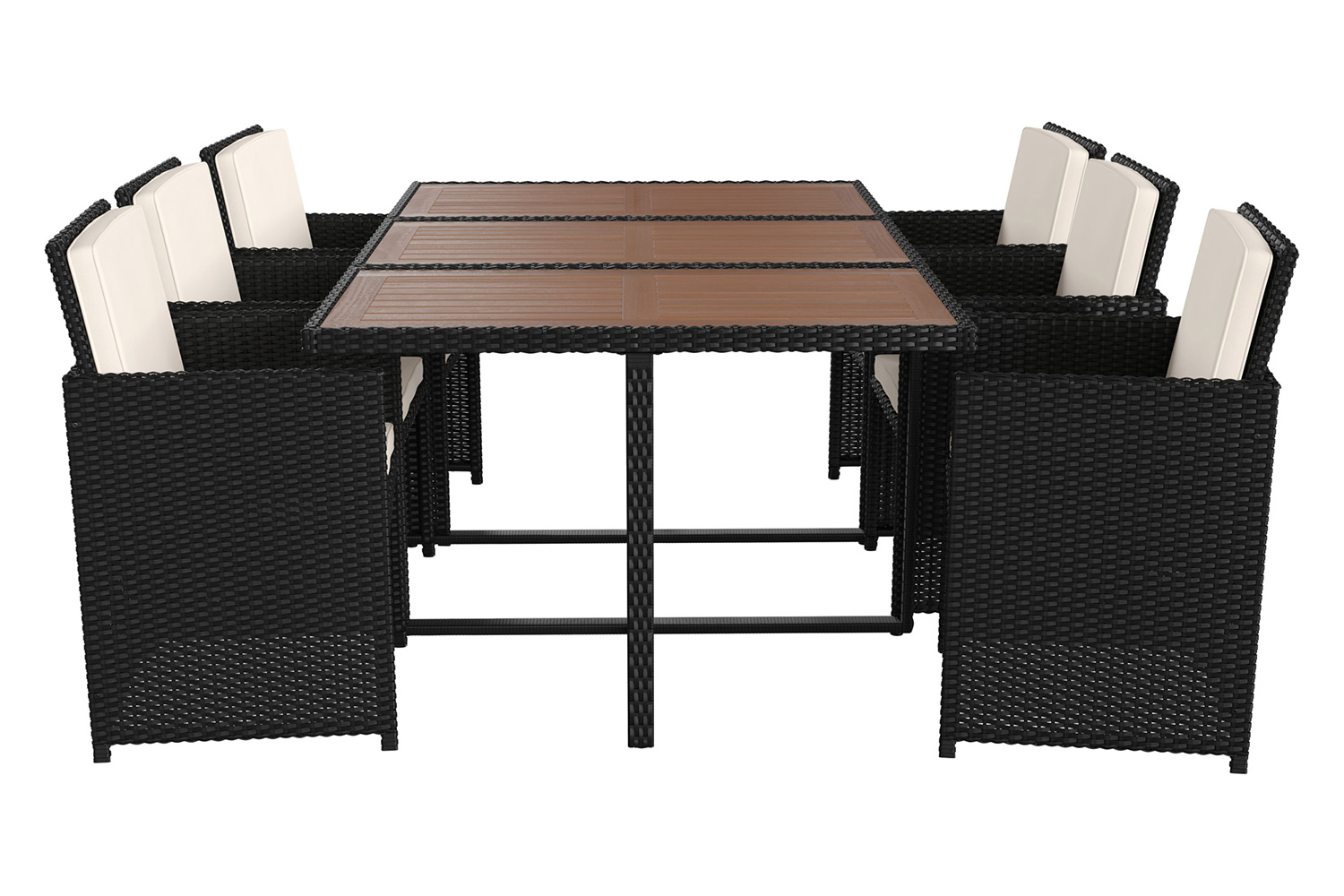 BLNK Peregrine Outdoor Patio Dining Set with Space Saving Black Wicker Modular Chairs-Cream Cushions and Acacia Wood Table Top 7 Piece - Natural