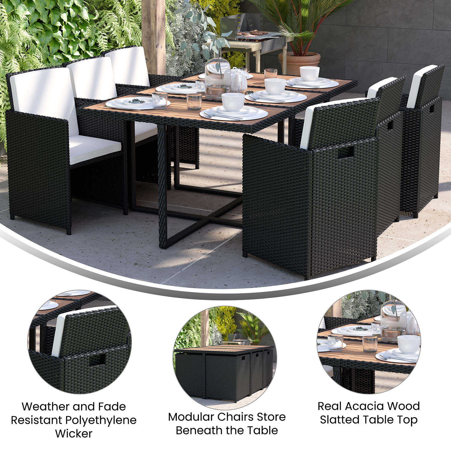 BLNK Peregrine Outdoor Patio Dining Set with Space Saving Black Wicker Modular Chairs-Cream Cushions and Acacia Wood Table Top 7 Piece - Natural