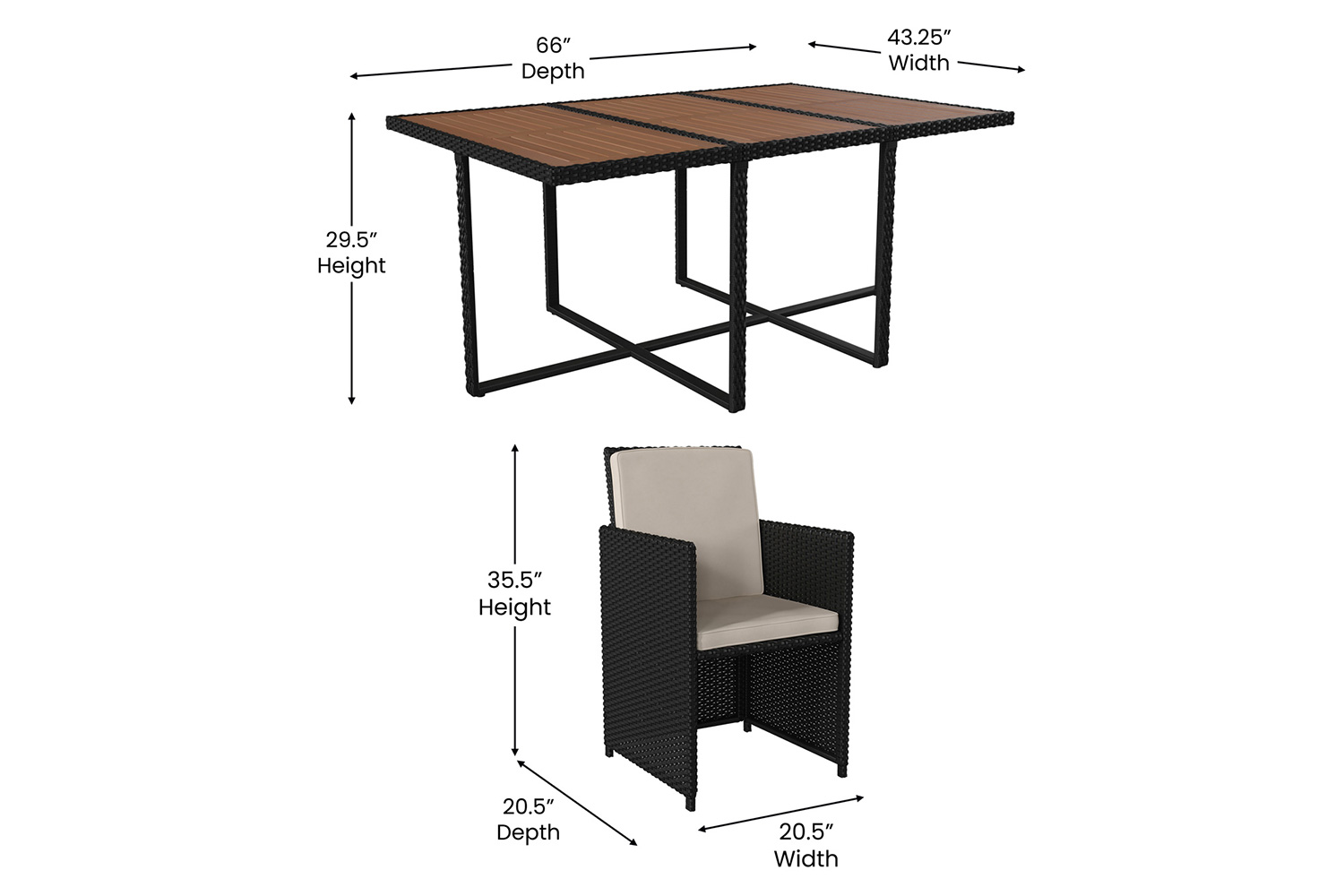 BLNK Peregrine Outdoor Patio Dining Set with Space Saving Black Wicker Modular Chairs-Cream Cushions and Acacia Wood Table Top 7 Piece - Natural