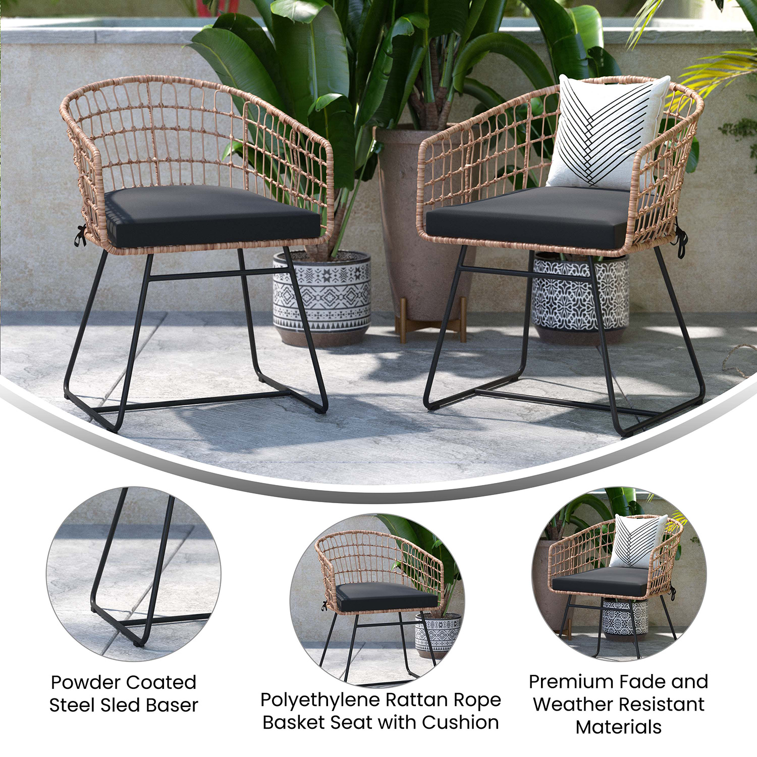 BLNK Devon Indoor-Outdoor Patio Boho Club Chairs Set of 2 - Black