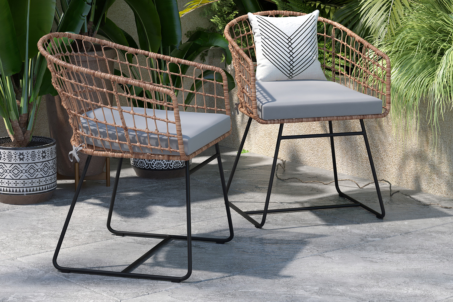 BLNK Devon Indoor-Outdoor Patio Boho Club Chairs Set of 2 - Light Gray