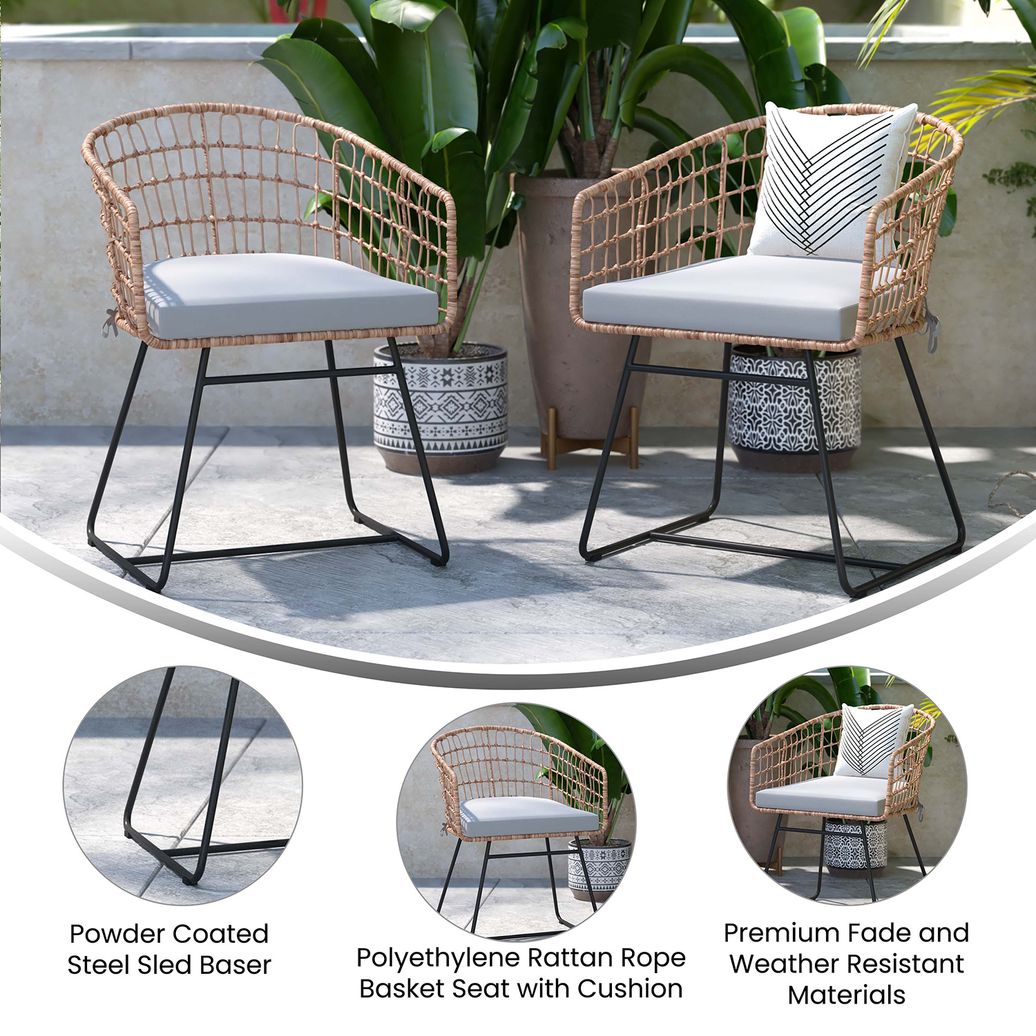 BLNK Devon Indoor-Outdoor Patio Boho Club Chairs Set of 2 - Light Gray