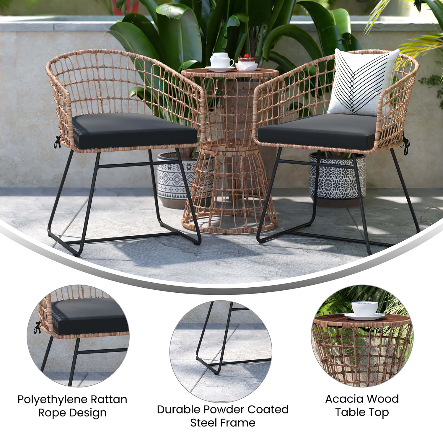 BLNK Devon Indoor-Outdoor Natural Patio Bistro Set 3-Piece - Black