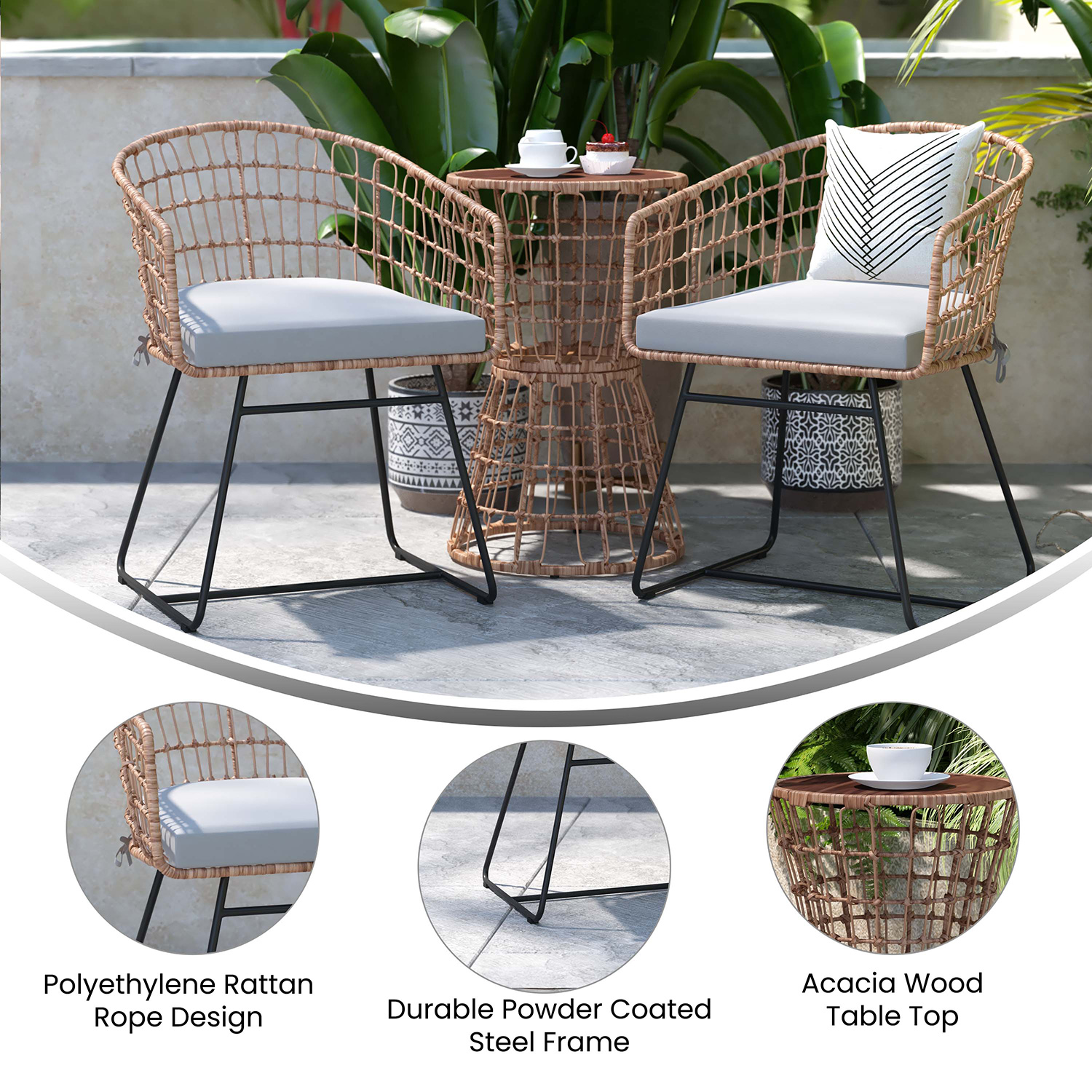 BLNK Devon Indoor-Outdoor Natural Patio Bistro Set 3-Piece - Light Gray