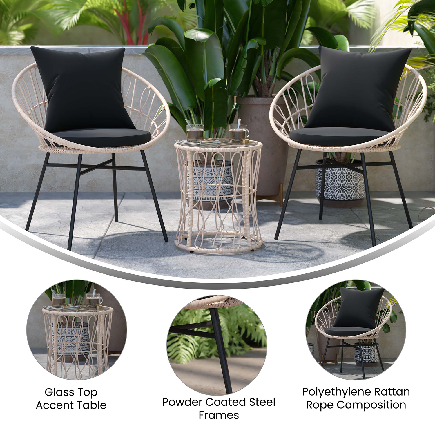 BLNK Devon Indoor-Outdoor Tan Bistro Set 3-Piece - Black