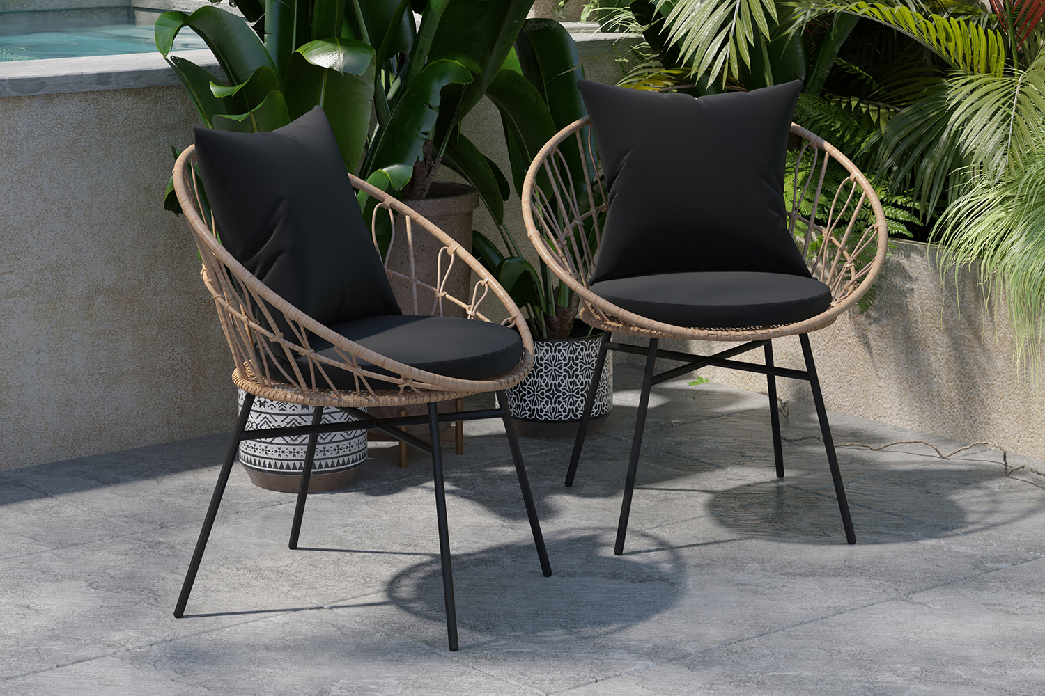 BLNK Devon Indoor-Outdoor Modern Papasan Patio Chairs Set of 2 - Black