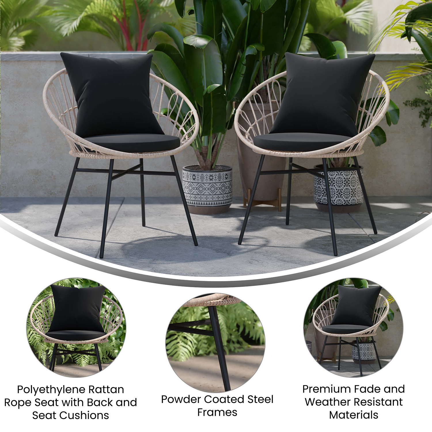 BLNK Devon Indoor-Outdoor Modern Papasan Patio Chairs Set of 2 - Black