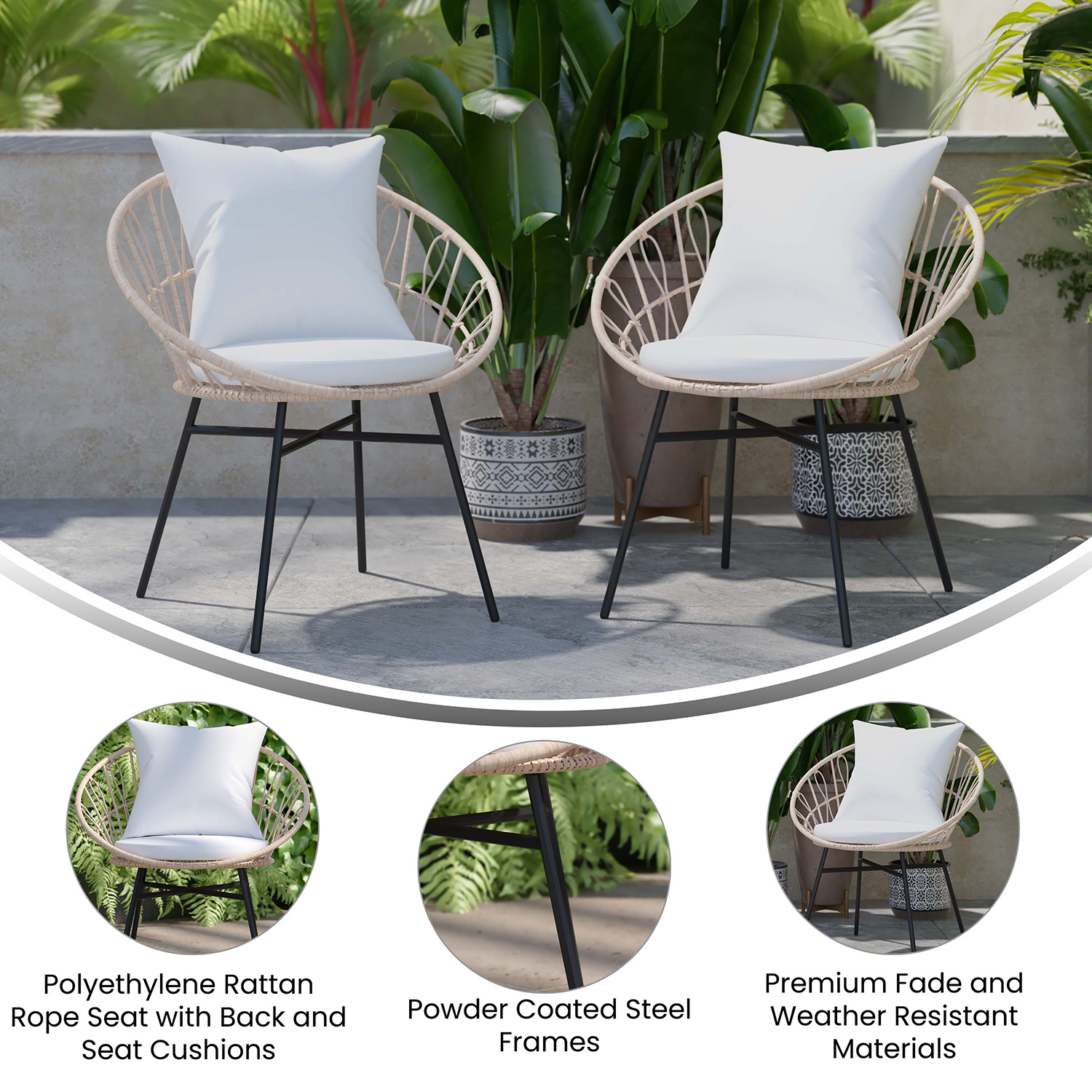 BLNK Devon Indoor-Outdoor Modern Papasan Patio Chairs Set of 2 - Light Gray