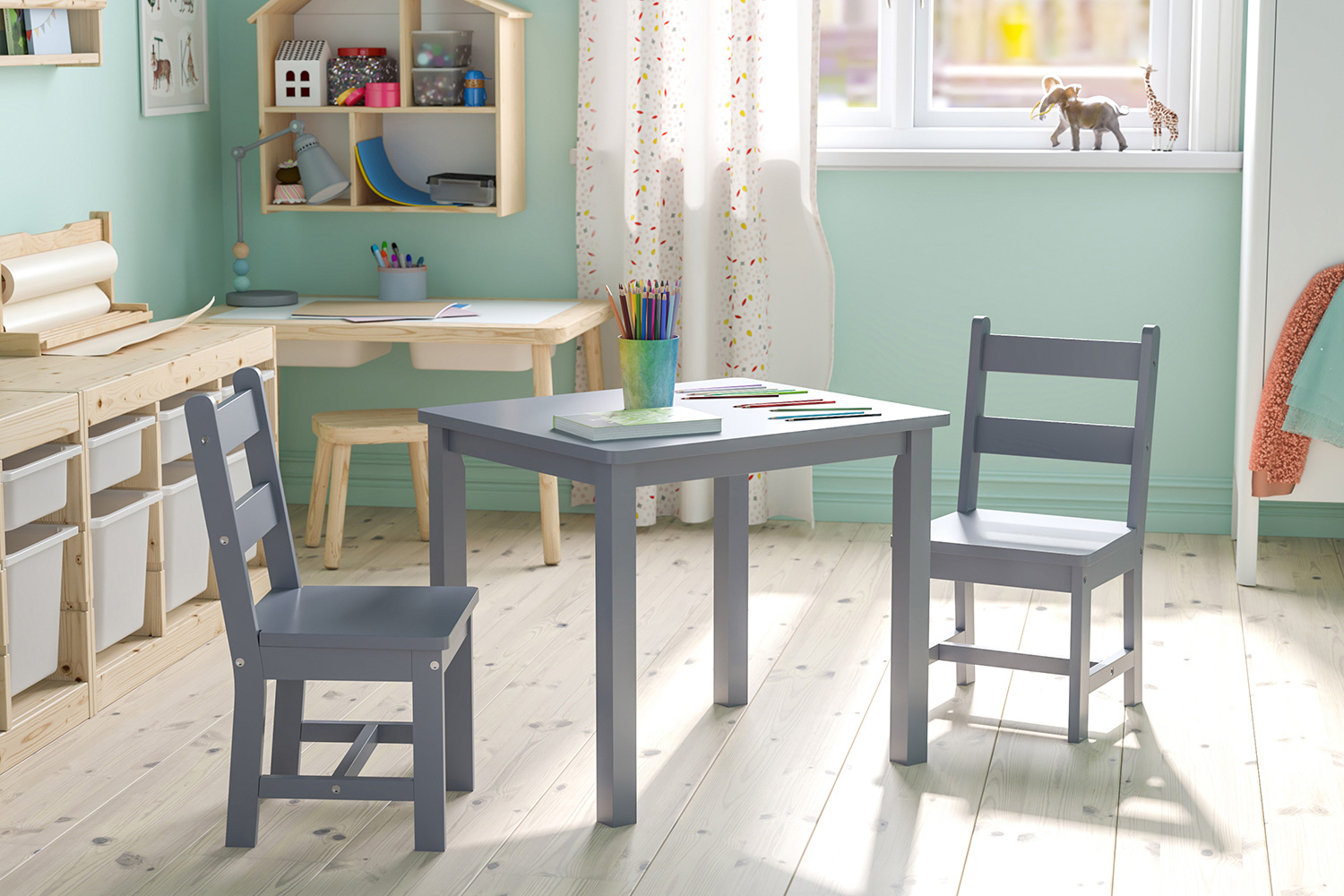 BLNK Kyndl Kids Solid Hardwood Table and Chair Set 3 Piece - Gray