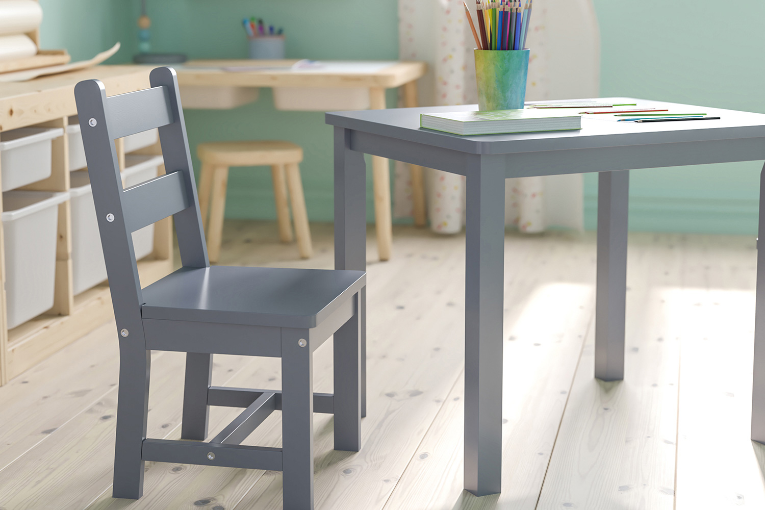 BLNK Kyndl Kids Solid Hardwood Table and Chair Set 3 Piece - Gray