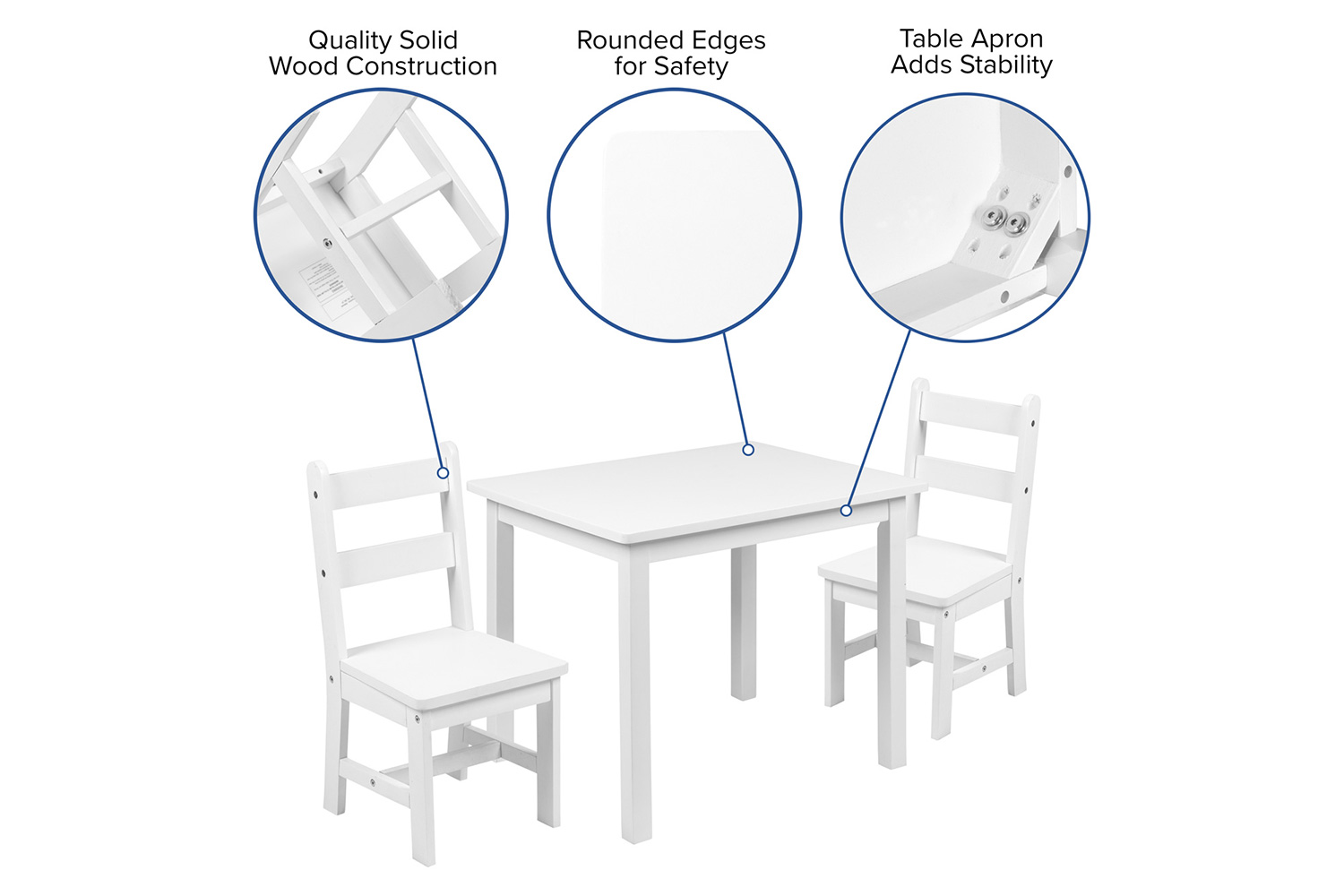 BLNK Kyndl Kids Solid Hardwood Table and Chair Set 3 Piece - White