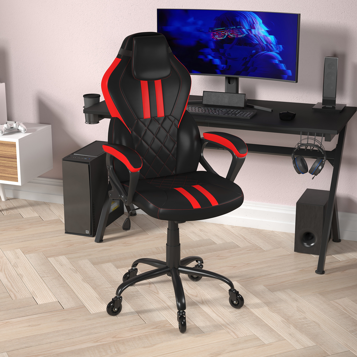 BLNK Stone Ergonomic Designer Adjustable Office Computer Chair with Transparent Roller Wheels - Black/Red