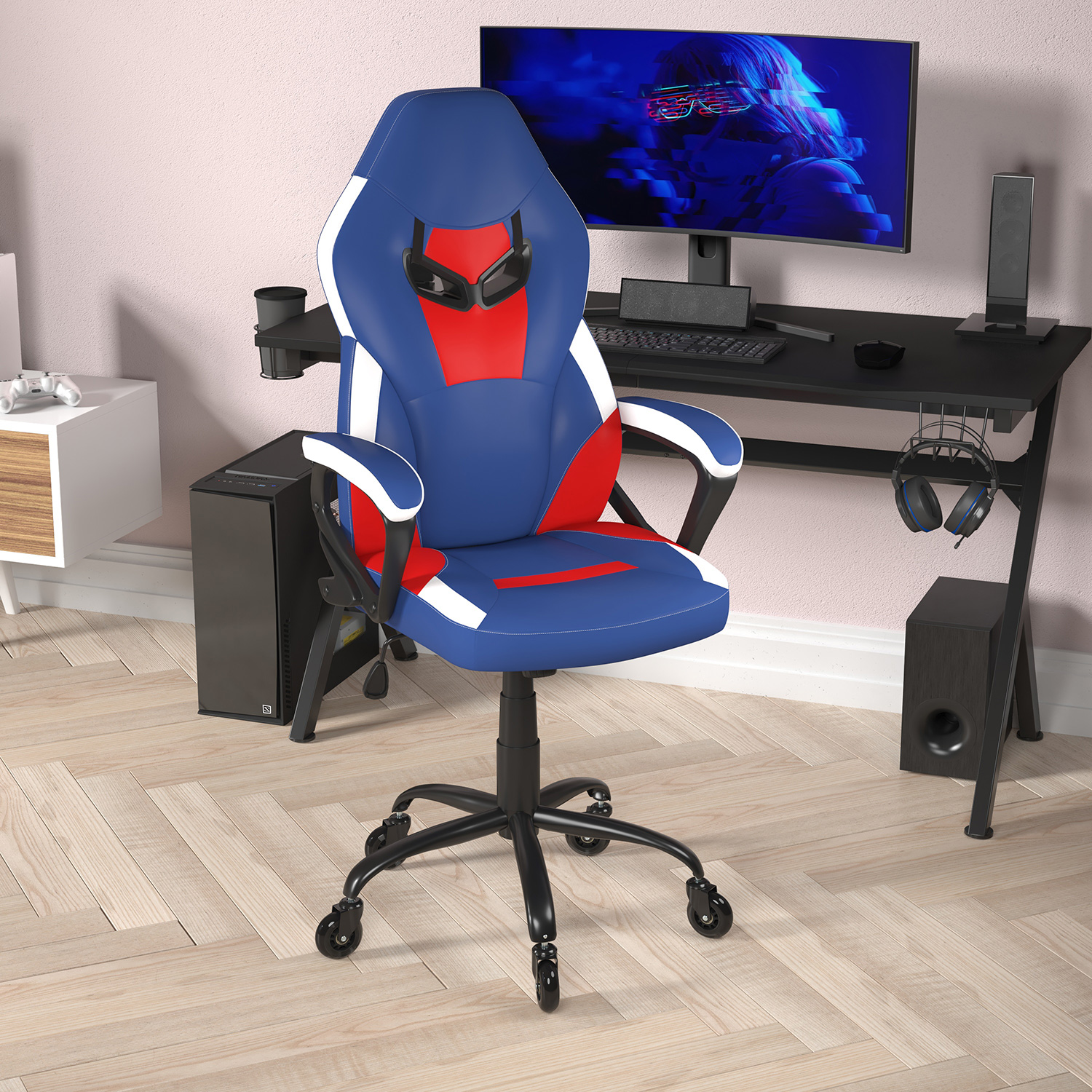 BLNK Stone Ergonomic Designer Adjustable Office Computer Chair with Transparent Roller Wheels - Red/Blue