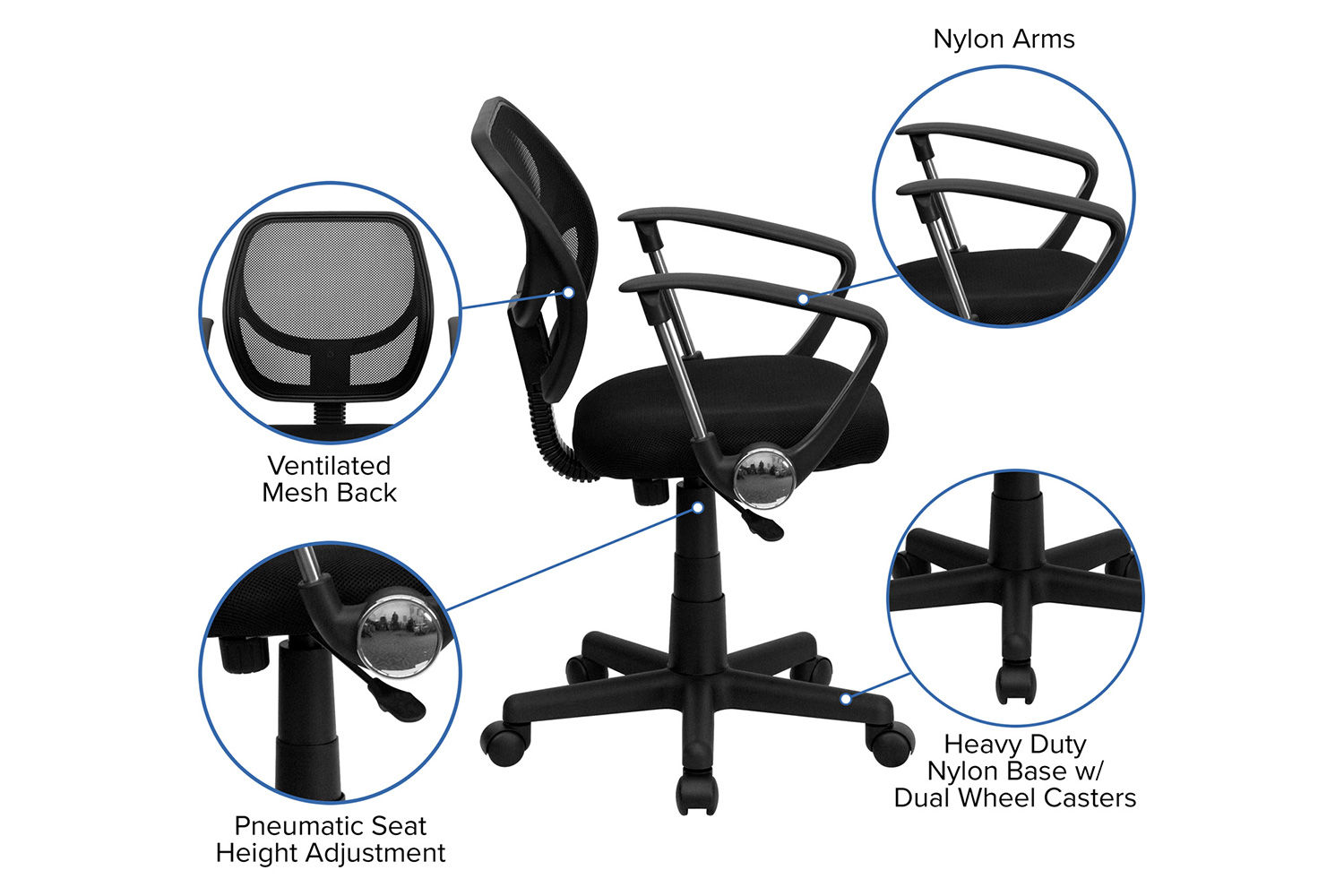 BLNK Neri Low-Back Mesh Swivel Task Office Chair with Curved Square Back - Black, with Arms