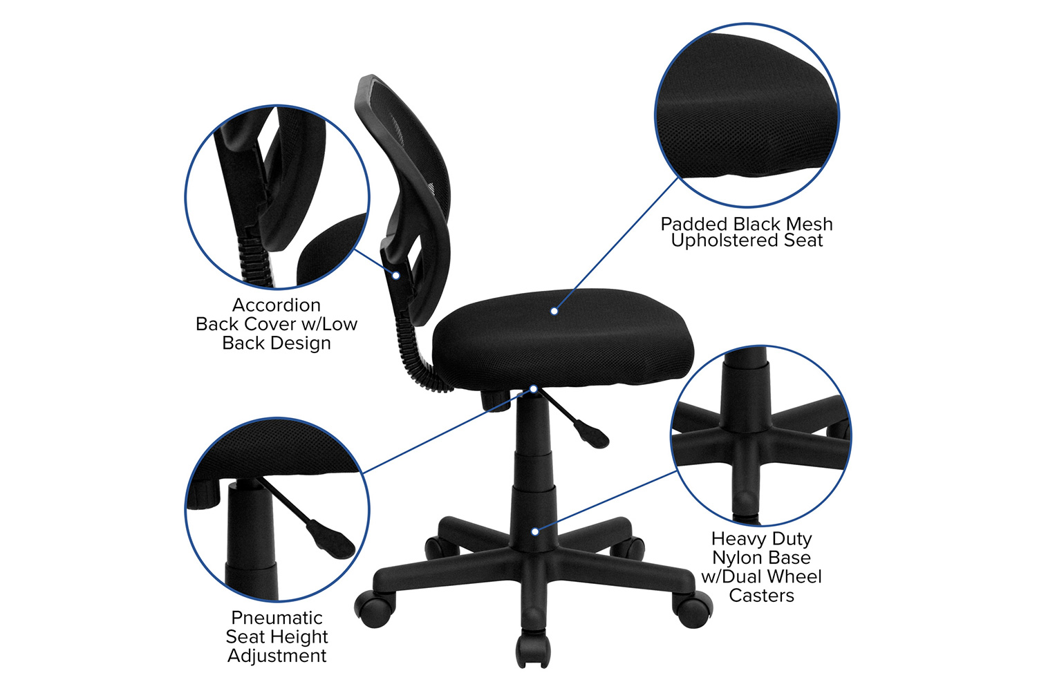 BLNK Neri Low-Back Mesh Swivel Task Office Chair with Curved Square Back - Black