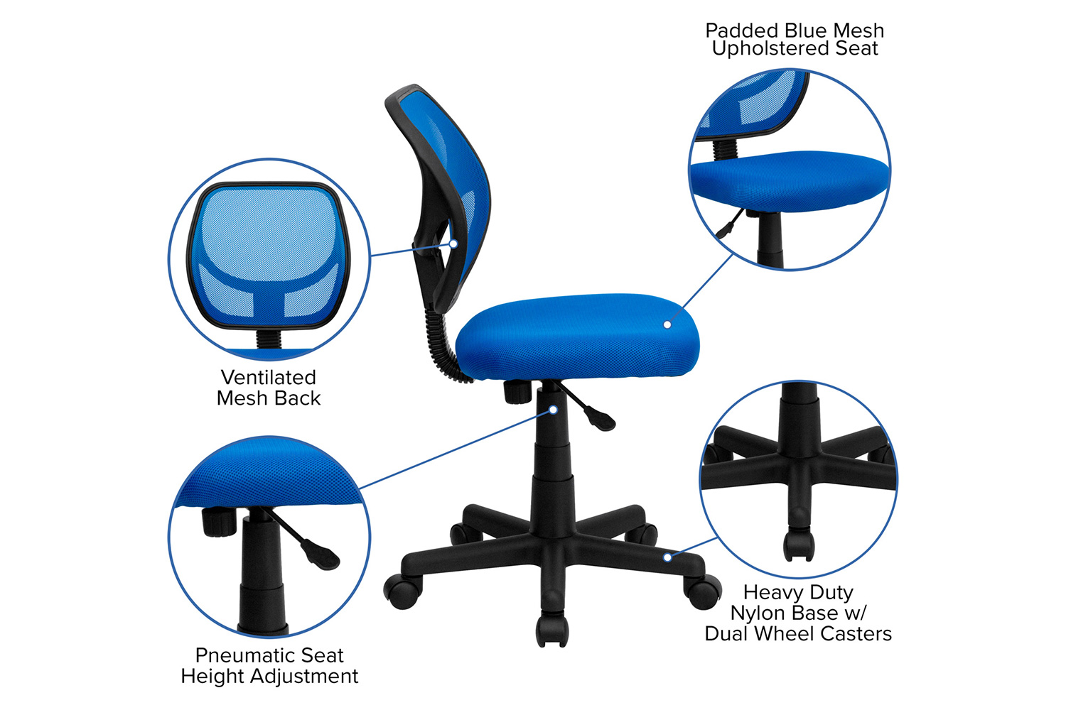 BLNK Neri Low-Back Mesh Swivel Task Office Chair with Curved Square Back - Blue