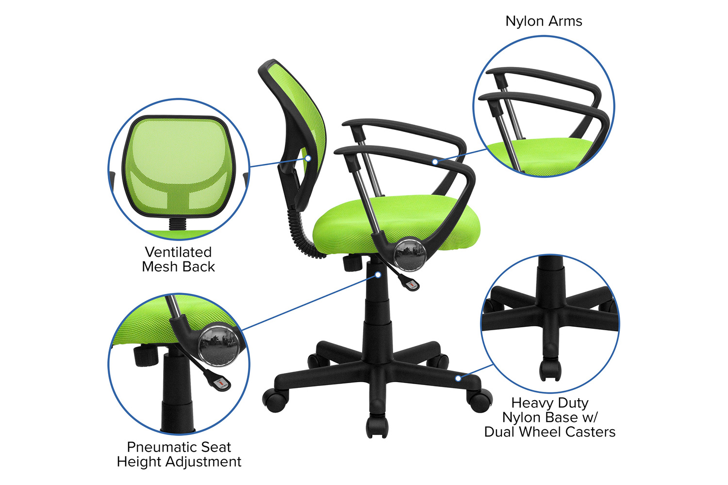 BLNK Neri Low-Back Mesh Swivel Task Office Chair with Curved Square Back - Green, with Arms