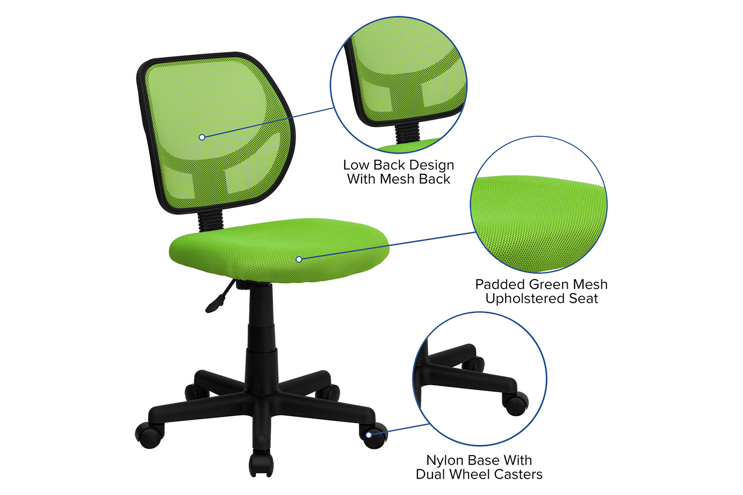 BLNK Neri Low-Back Mesh Swivel Task Office Chair with Curved Square Back - Green