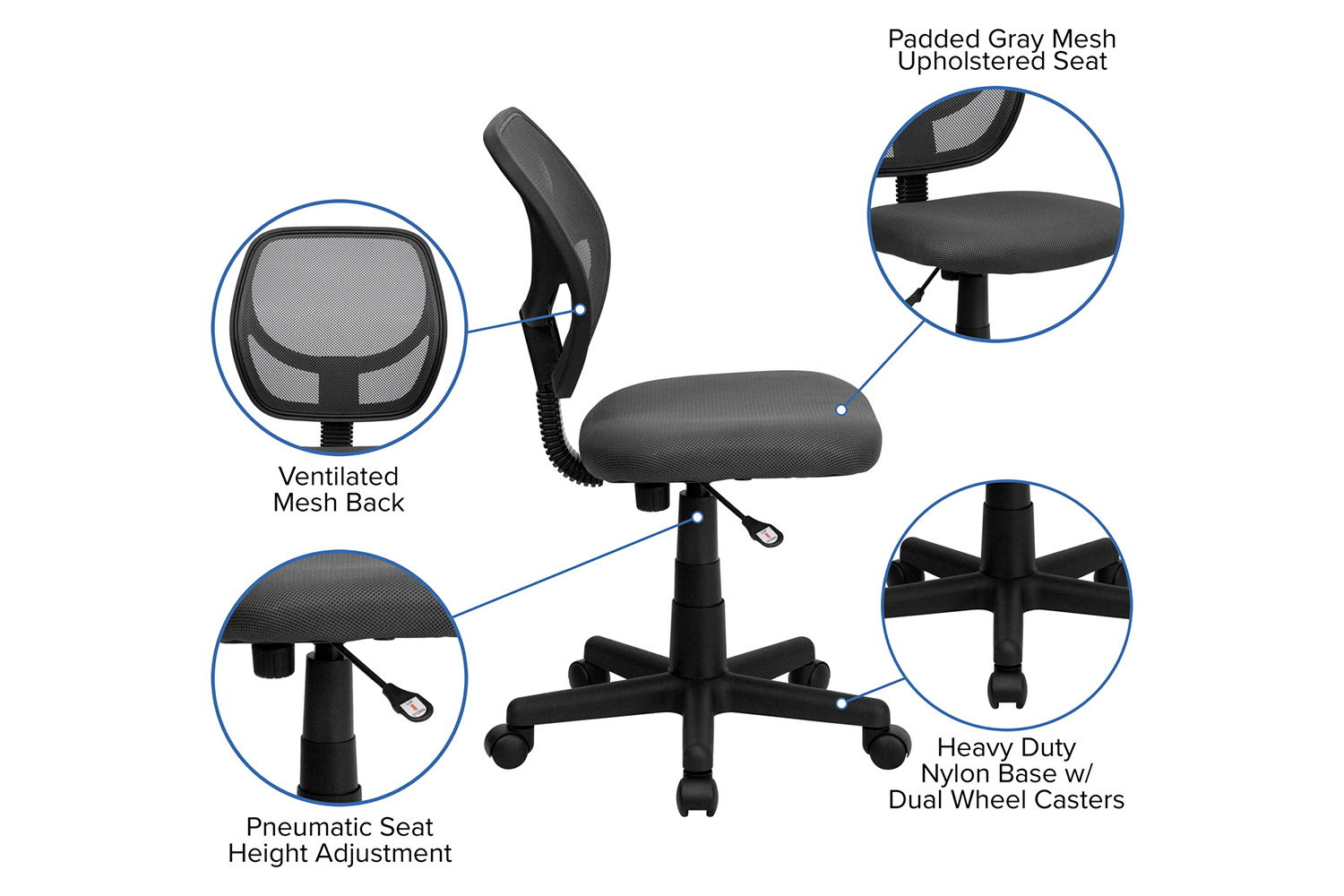 BLNK Neri Low-Back Mesh Swivel Task Office Chair with Curved Square Back - Gray