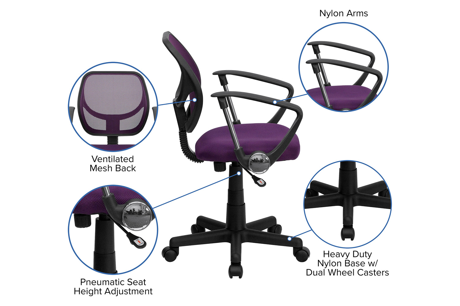 BLNK Neri Low-Back Mesh Swivel Task Office Chair with Curved Square Back - Purple, with Arms